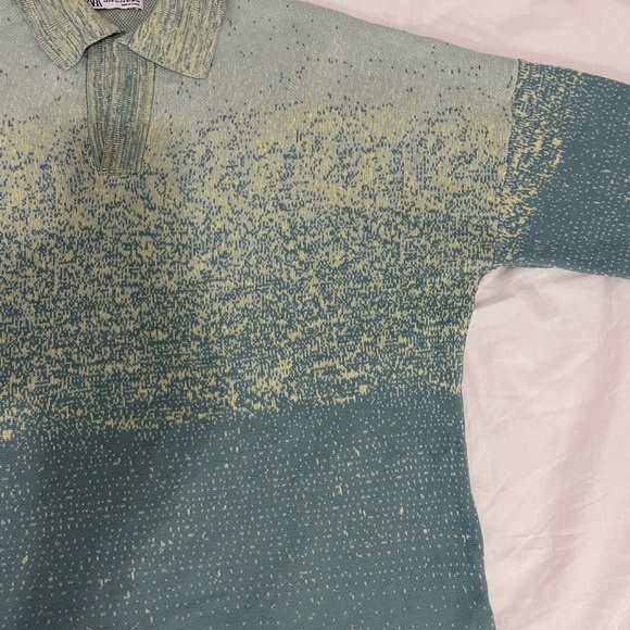 Zara Men’s Green/Sage Ombre Knit Collard Short Sleeve Polo Sweater - Picture 6 of 8